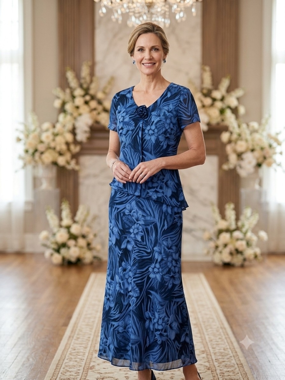 Traditions Blue Floral Print Long Dress Size 16